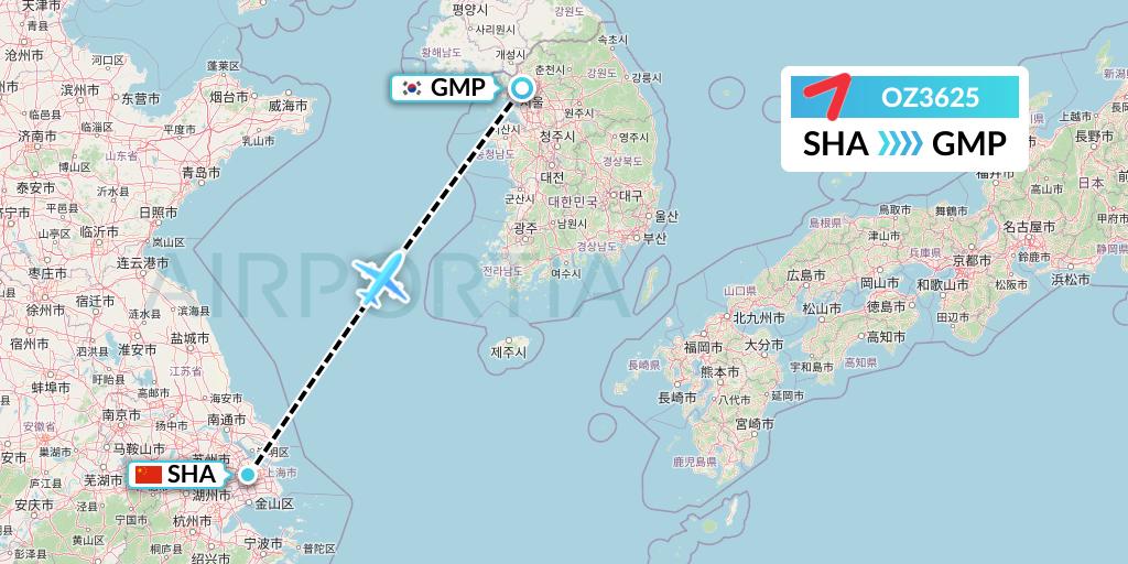 OZ3625 Asiana Airlines Flight Map: Shanghai to Seoul