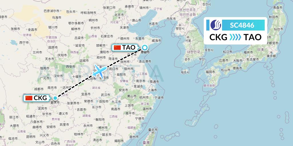 SC4846 Shandong Airlines Flight Map: Chongqing to Qingdao