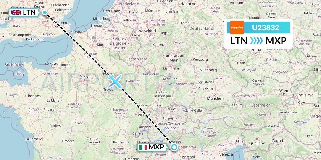 U23832 EasyJet Flight Map: London to Milan