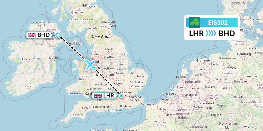 EI8302 Aer Lingus Flight Map: London to Belfast