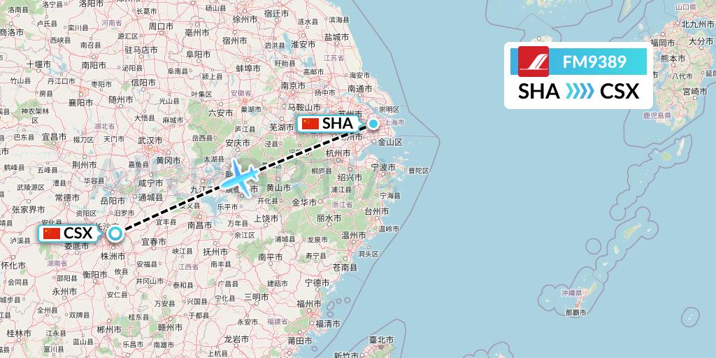 FM9389 Shanghai Airlines Flight Map: Shanghai to Changsha