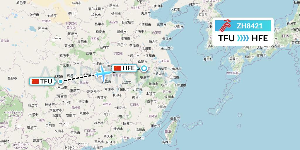 ZH8421 Shenzhen Airlines Flight Map: Chengdu to Hefei