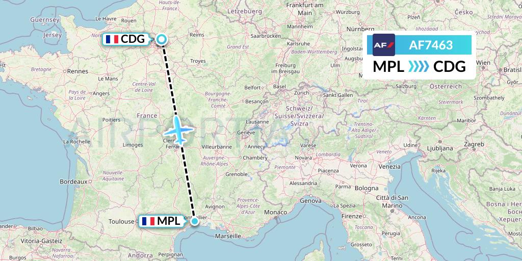AF7463 Air France Flight Map: Montpellier to Paris