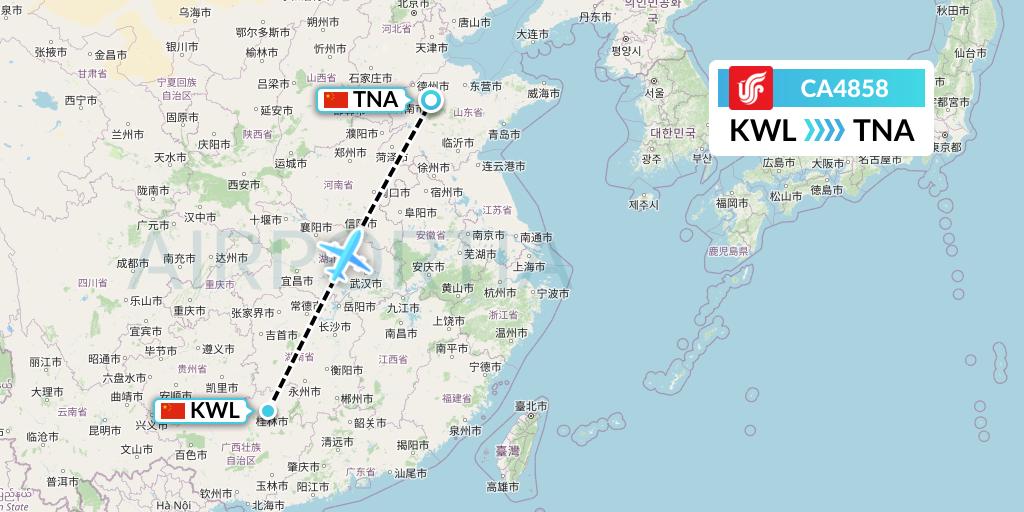 CA4858 Air China Flight Map: Guilin to Jinan