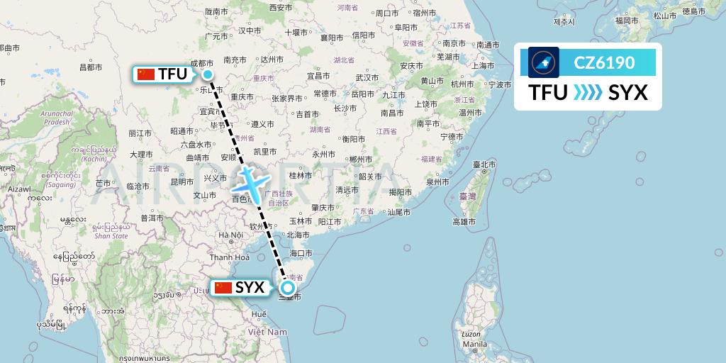 CZ6190 China Southern Airlines Flight Map: Chengdu to Sanya