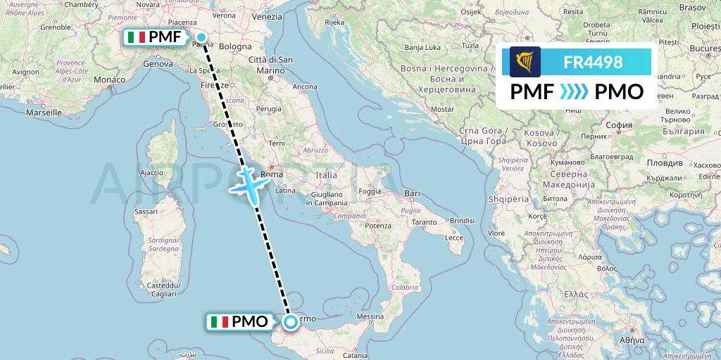 FR4498 Ryanair Flight Map: Parma to Palermo