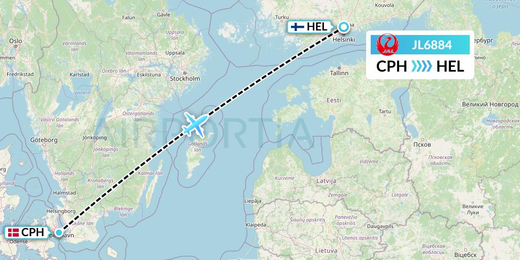 JL6884 Japan Airlines Flight Map: Copenhagen to Helsinki