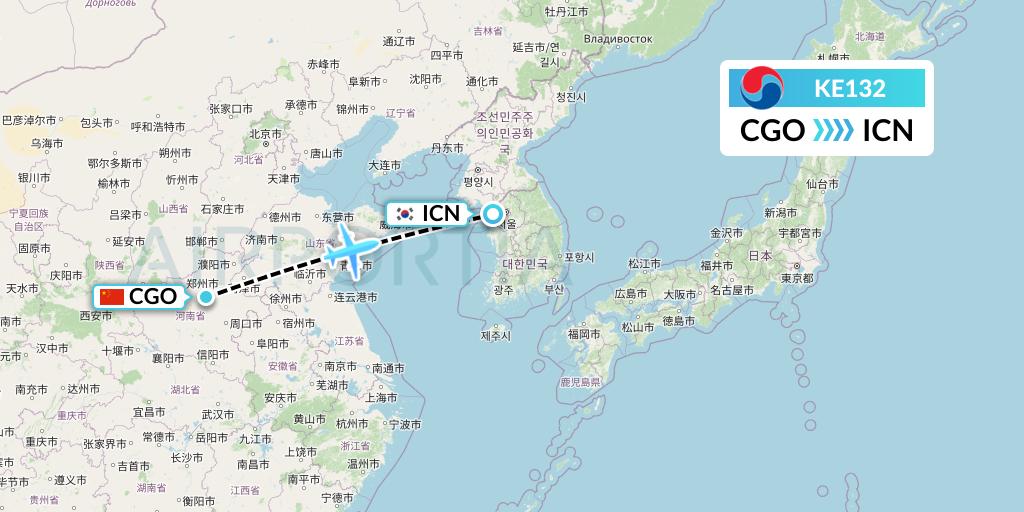 KE132 Korean Air Flight Map: Zhengzhou to Seoul
