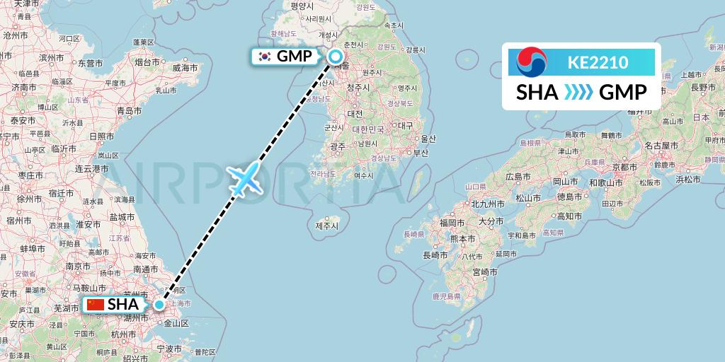 KE2210 Korean Air Flight Map: Shanghai to Seoul