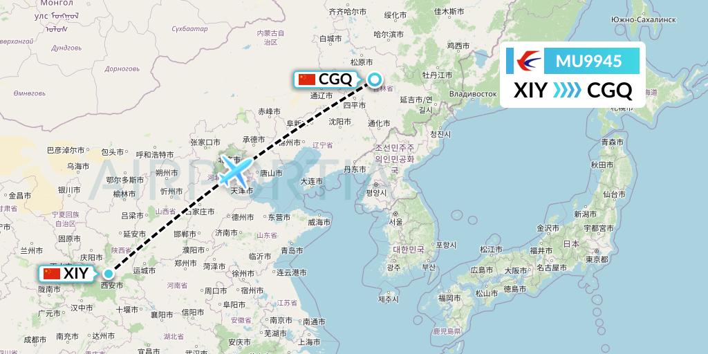 MU9945 China Eastern Airlines Flight Map: Xi'an to Changchun