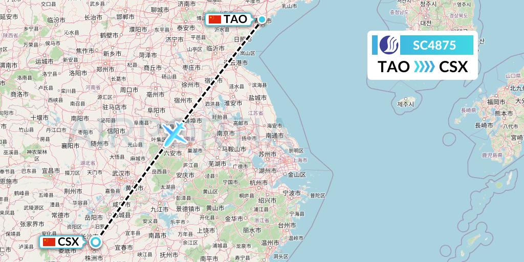 SC4875 Shandong Airlines Flight Map: Qingdao to Changsha