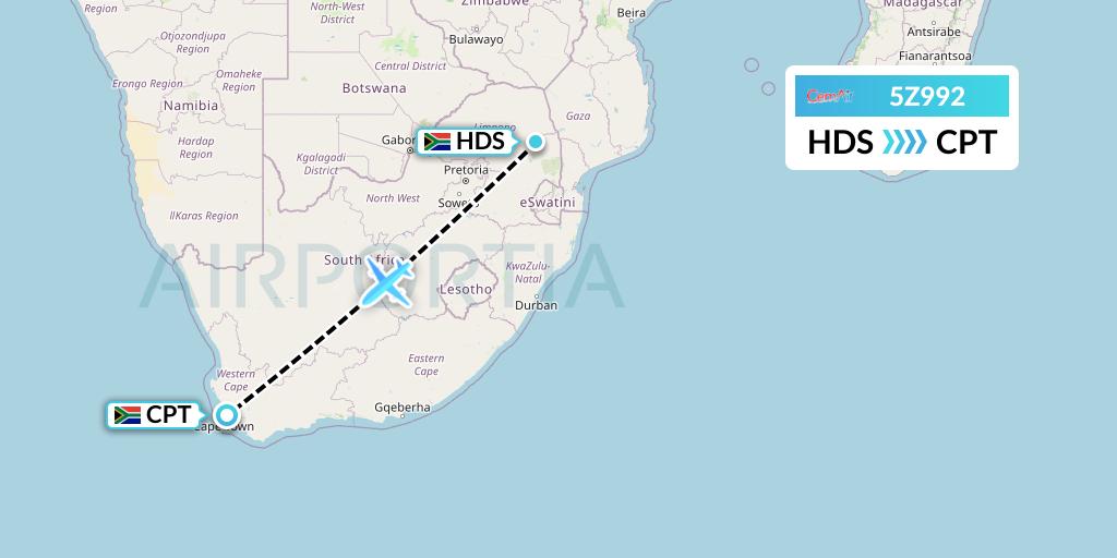 5Z992 CemAir Flight Map: Hoedspruit to Cape Town