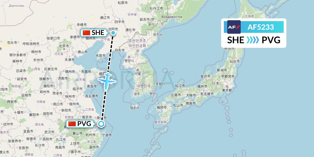 AF5233 Air France Flight Map: Shenyang to Shanghai