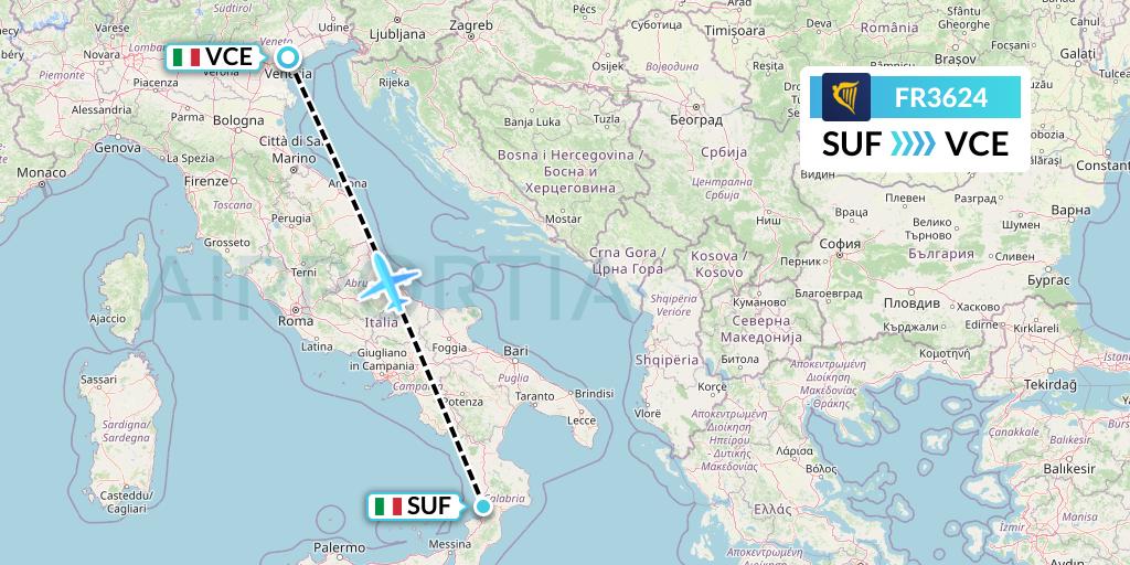 FR3624 Ryanair Flight Map: Lamezia Terme to Venice