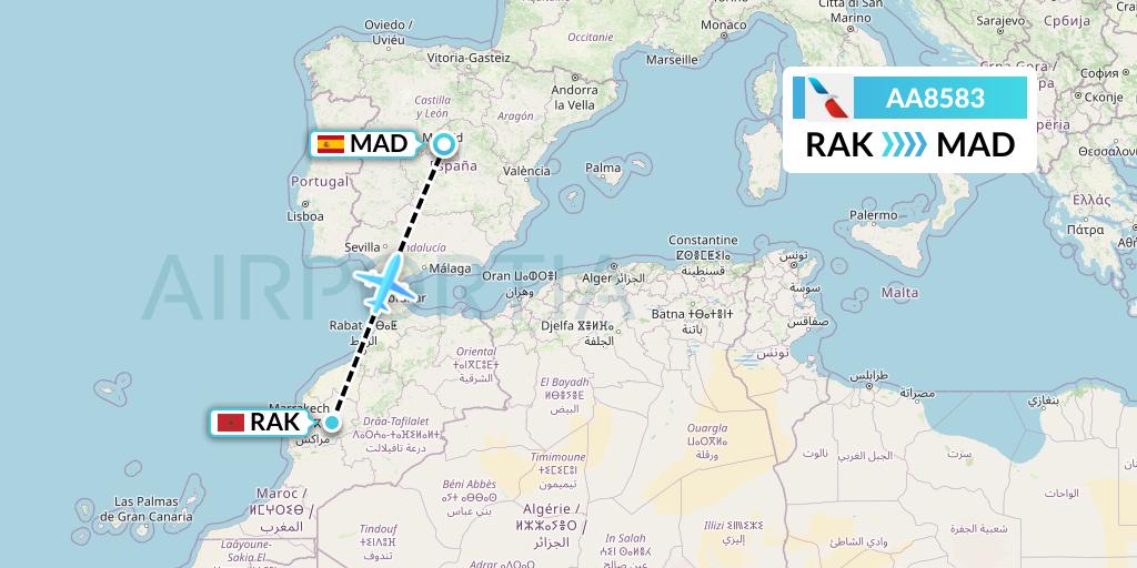 AA8583 American Airlines Flight Map: Marrakesh to Madrid