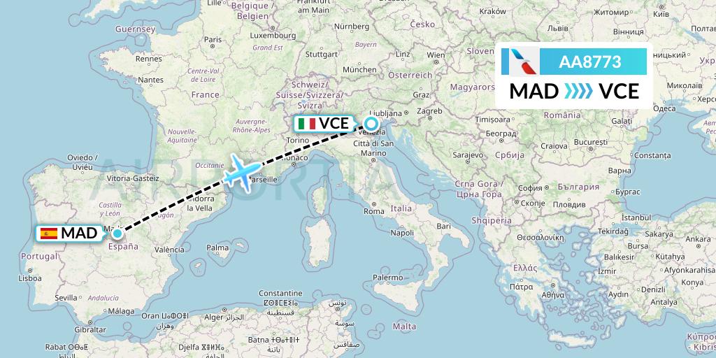 AA8773 American Airlines Flight Map: Madrid to Venice