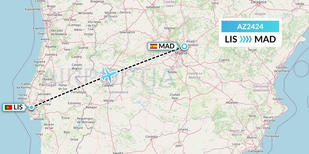 AZ2424 ITA Airways Flight Map: Lisbon to Madrid