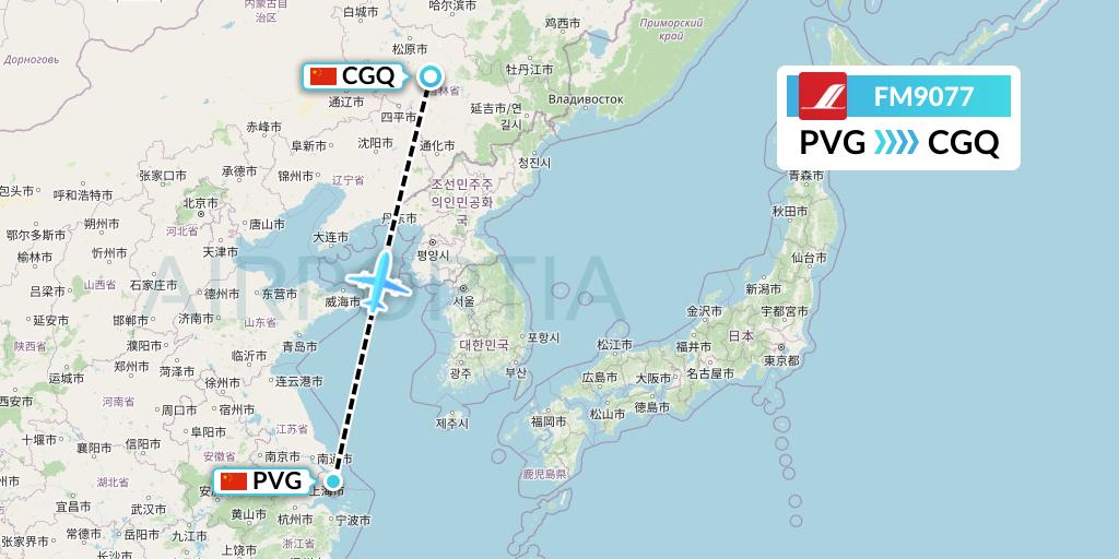 FM9077 Shanghai Airlines Flight Map: Shanghai to Changchun