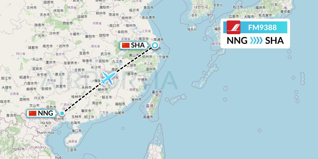 FM9388 Shanghai Airlines Flight Map: Nanning to Shanghai
