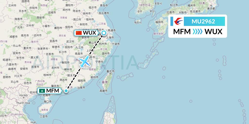 MU2962 China Eastern Airlines Flight Map: Macau to Wuxi