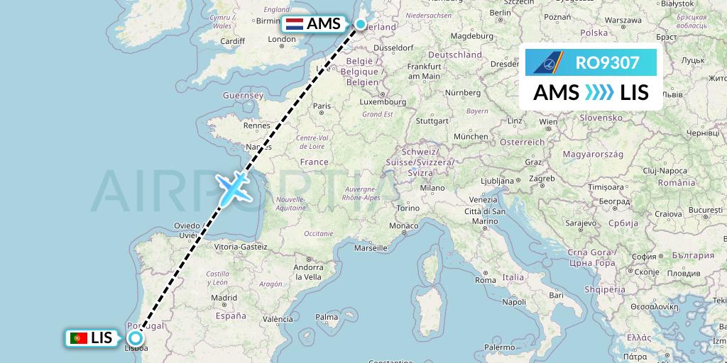 RO9307 Tarom Flight Map: Amsterdam to Lisbon