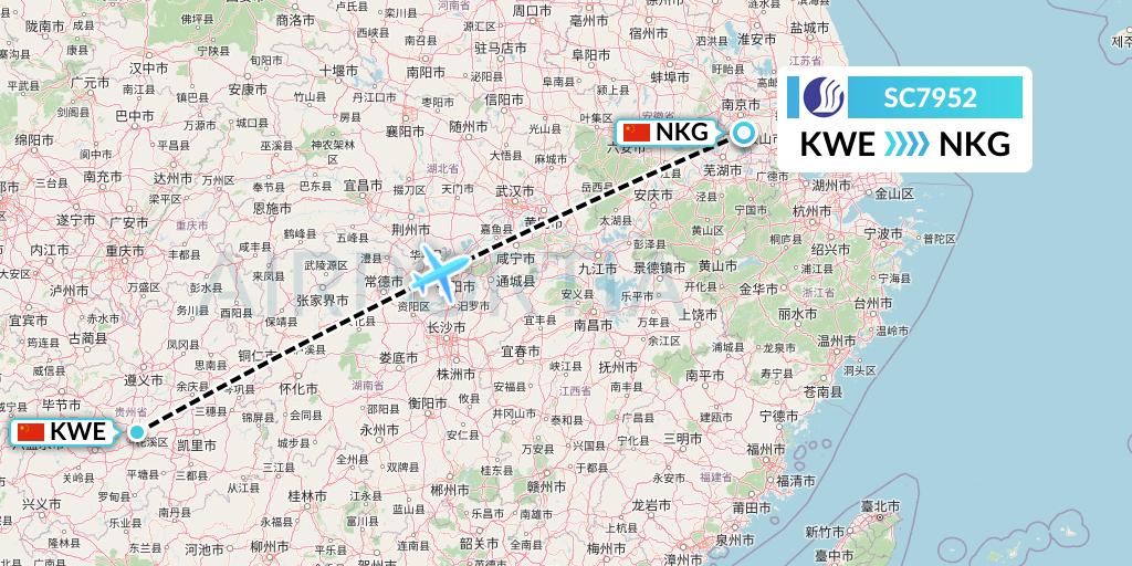 SC7952 Shandong Airlines Flight Map: Guiyang to Nanjing