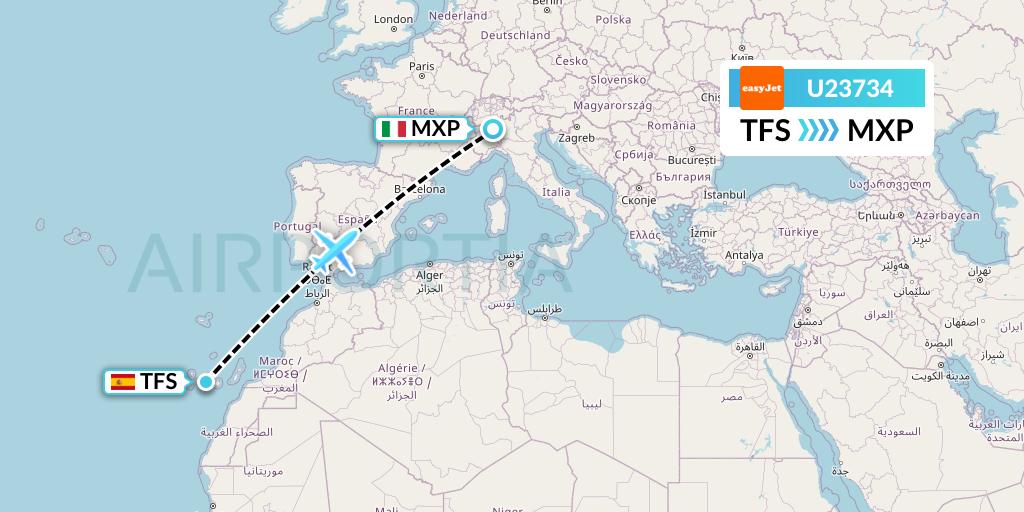 U23734 EasyJet Flight Map: Tenerife to Milan
