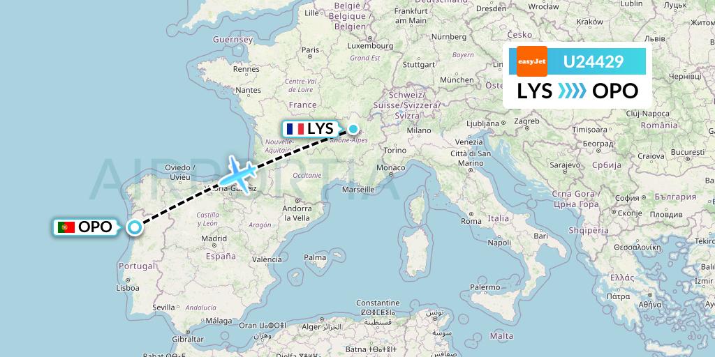 U24429 EasyJet Flight Map: Lyon to Porto