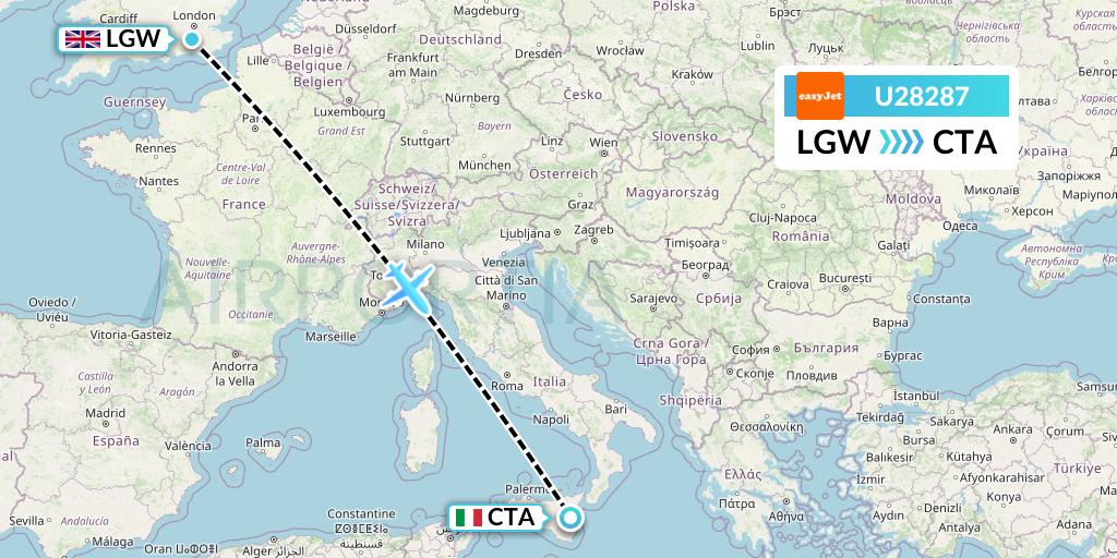 U28287 EasyJet Flight Map: London to Catania