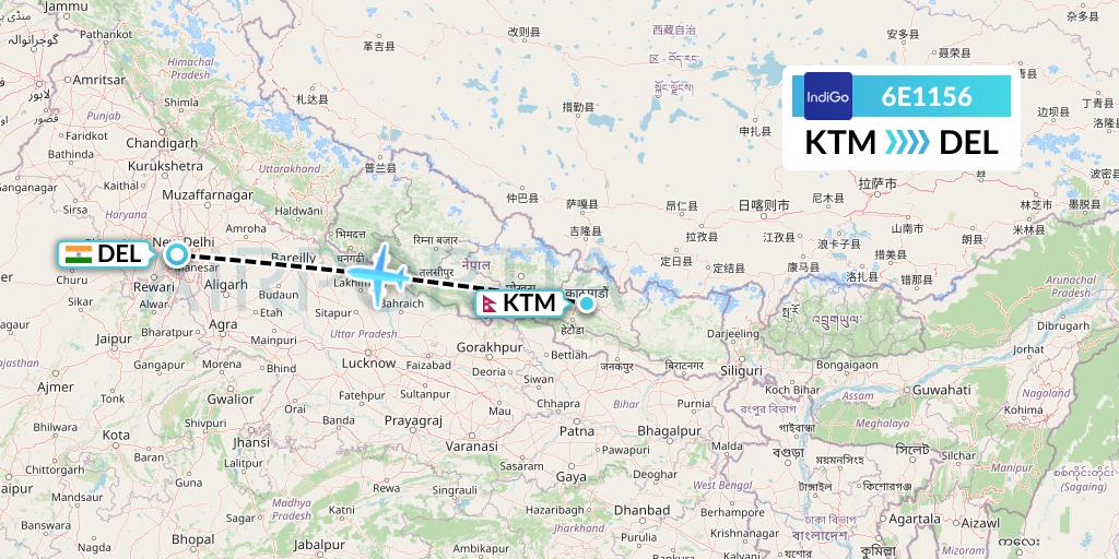 6E1156 IndiGo Airlines Flight Map: Kathmandu to Delhi