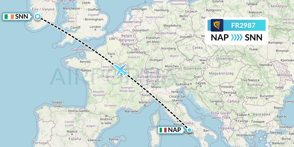 FR2987 Ryanair Flight Map: Naples to Shannon