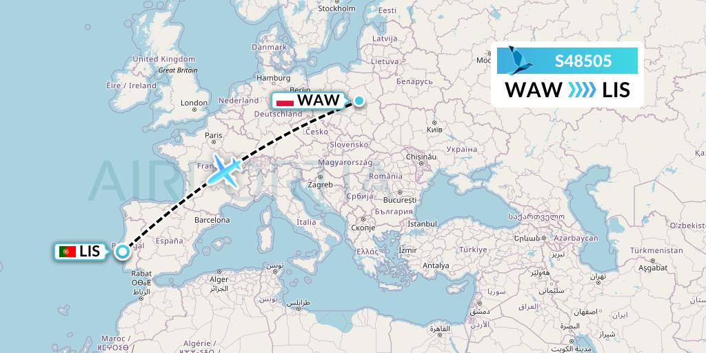 S48505 Azores Airlines Flight Map: Warsaw to Lisbon