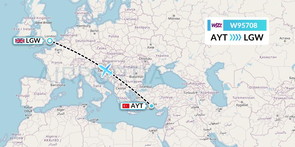 W95708 Wizz Air UK Flight Map: Antalya to London