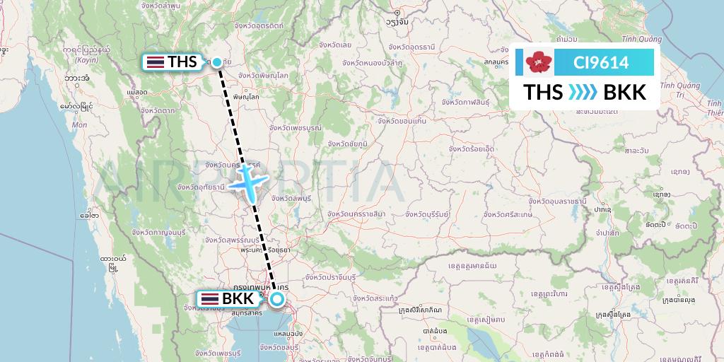 CI9614 China Airlines Flight Map: Sukhothai to Bangkok