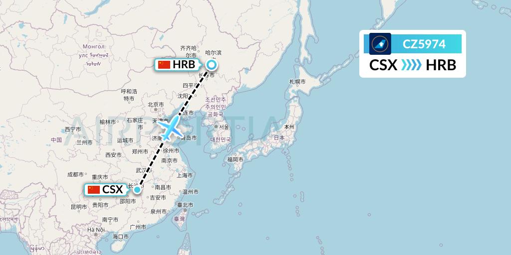 CZ5974 China Southern Airlines Flight Map: Changsha to Harbin