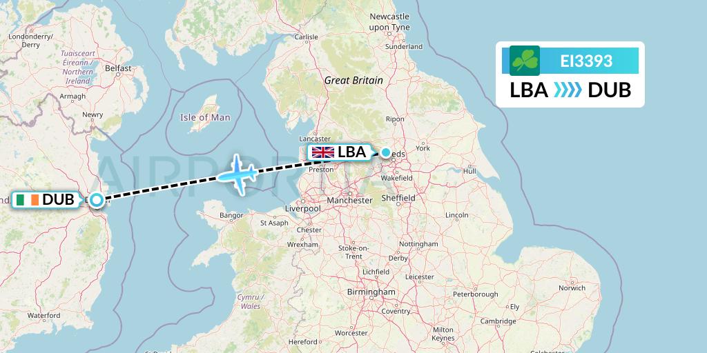 EI3393 Aer Lingus Flight Map: Leeds to Dublin