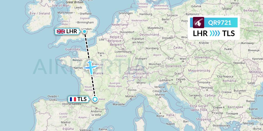 QR9721 Qatar Airways Flight Map: London to Toulouse