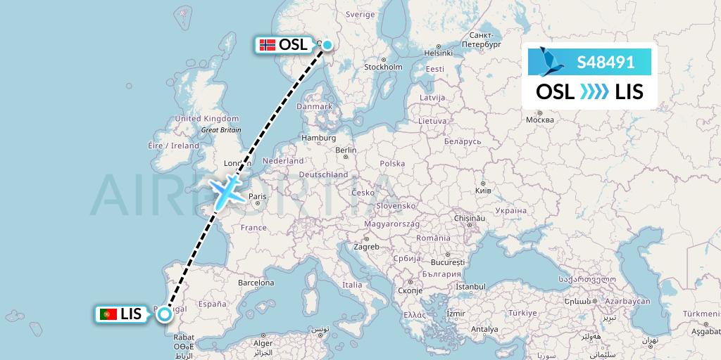 S48491 Azores Airlines Flight Map: Oslo to Lisbon