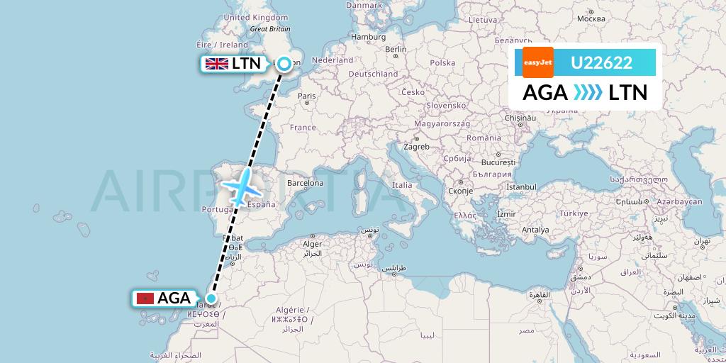 U22622 EasyJet Flight Map: Agadir to London