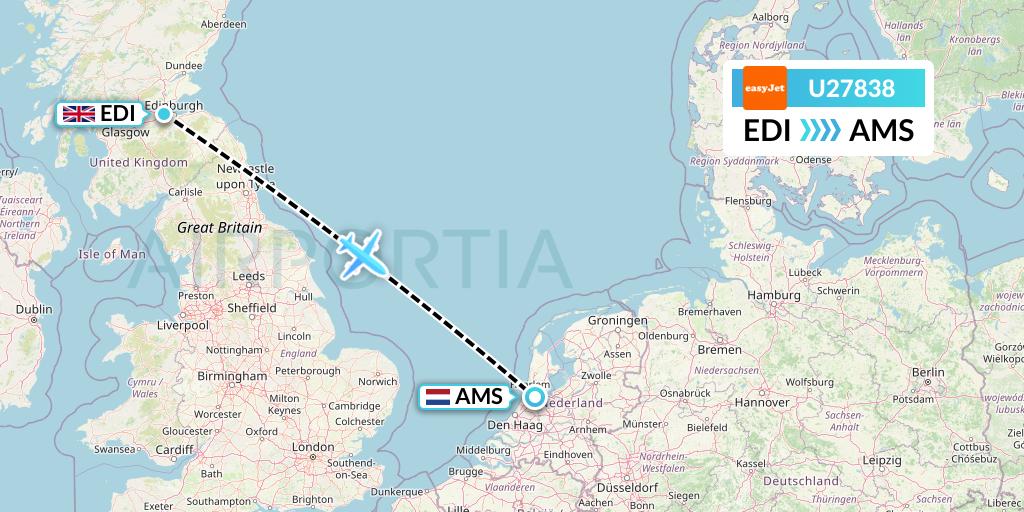 U27838 EasyJet Flight Map: Edinburgh to Amsterdam