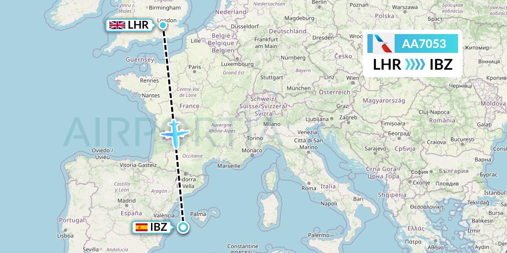 AA7053 American Airlines Flight Map: London to Ibiza