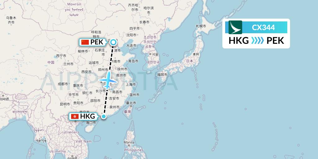 CX344 Cathay Pacific Flight Map: Hong Kong to Beijing