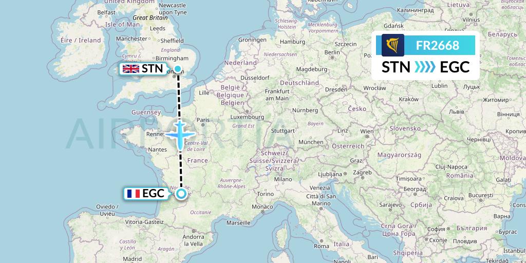 FR2668 Ryanair Flight Map: London to Bergerac