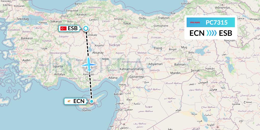 PC7315 Pegasus Airlines Flight Map: Tymvou to Ankara