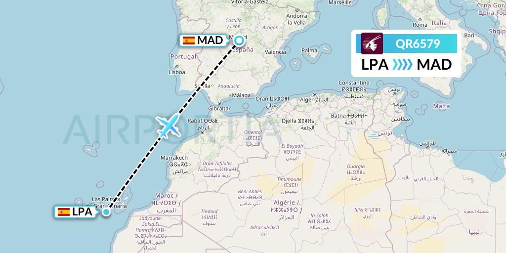 QR6579 Qatar Airways Flight Map: Las Palmas to Madrid