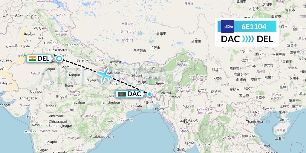 6E1104 IndiGo Airlines Flight Map: Dhaka to Delhi