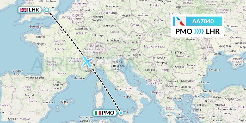 AA7040 American Airlines Flight Map: Palermo to London