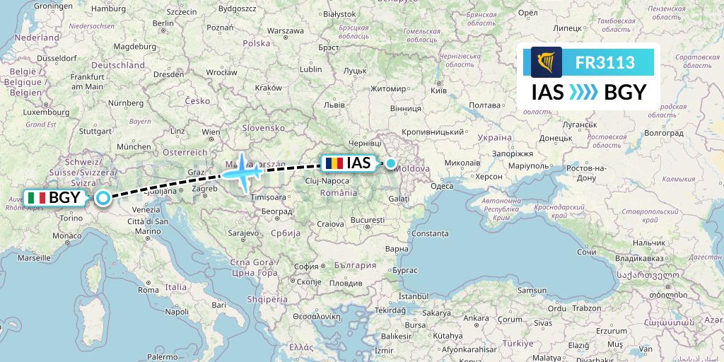 FR3113 Ryanair Flight Map: Iasi to Milan
