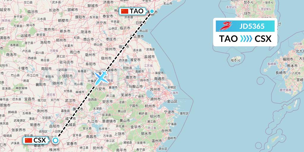JD5365 Capital Airlines Flight Map: Qingdao to Changsha