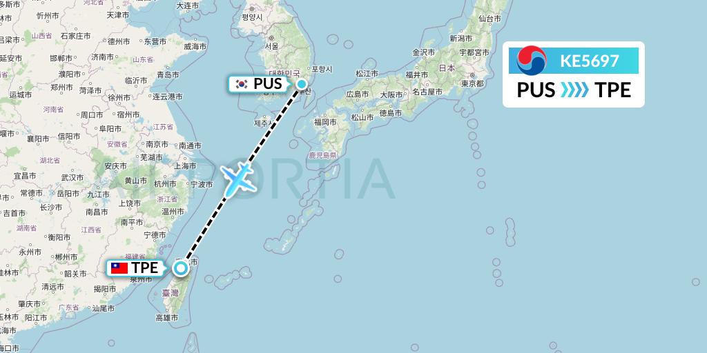KE5697 Korean Air Flight Map: Busan to Taipei